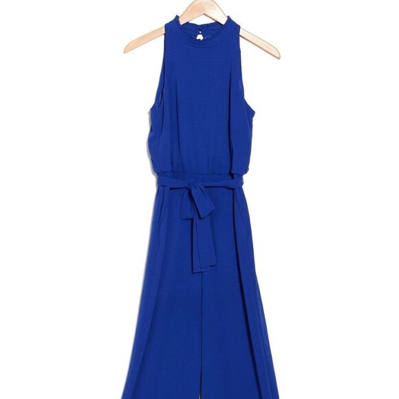 Vince Camuto Ruffle Neck Cobal Blue Wide Leg Jumpsuit Size 12 Petite - Picture 1 of 15